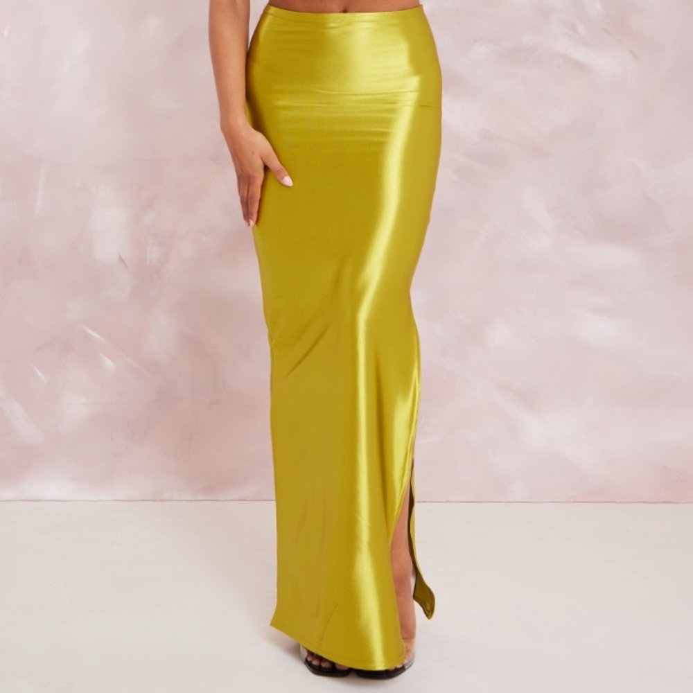 Olive stretch satin split side Maxi skirt